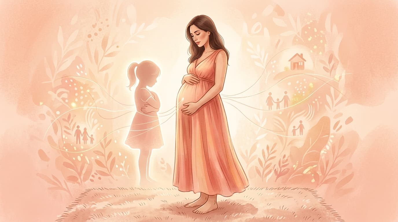 Silhueta suave de uma criança ao fundo de uma gestante, ilustrando a conexão com as raízes e a cura sistêmica