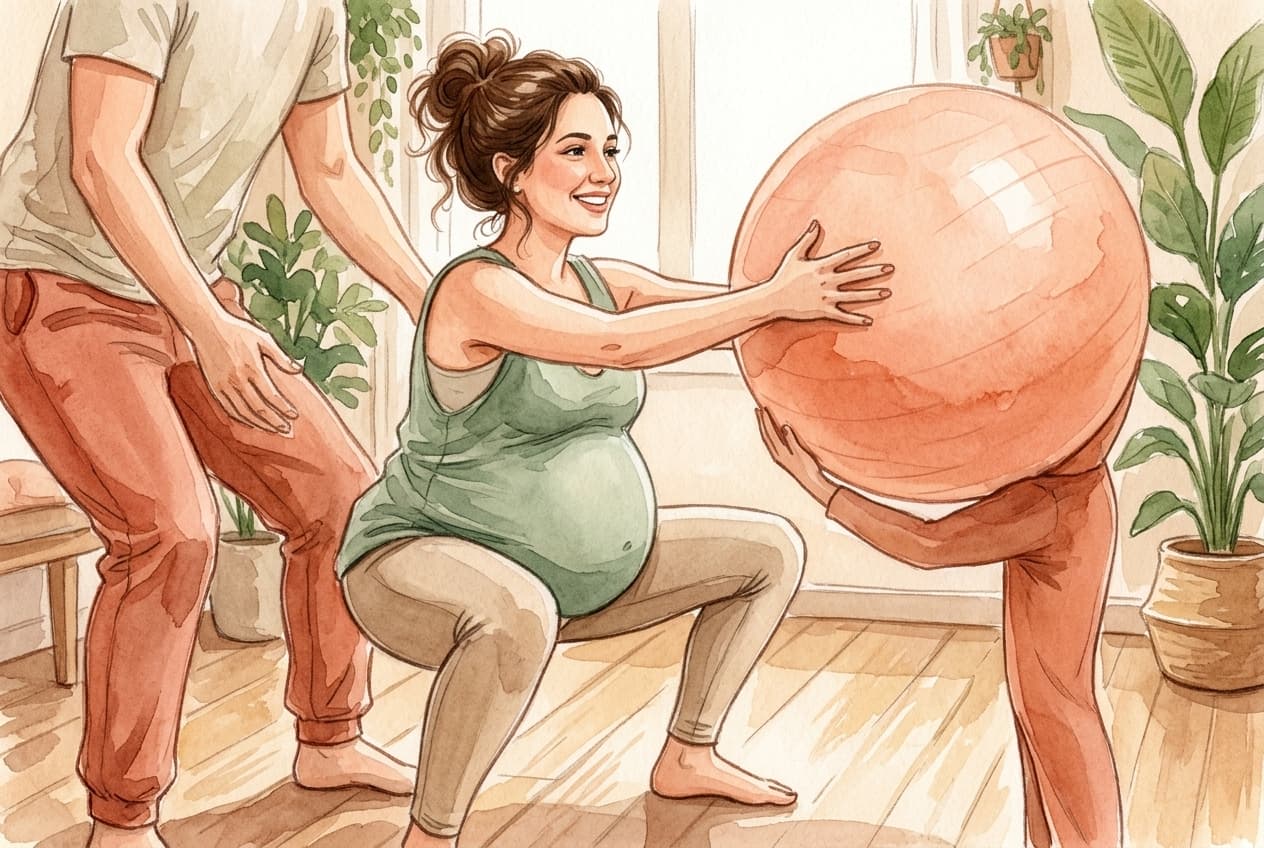 Mulher grávida fazendo agachamento com apoio, estilo aquarela