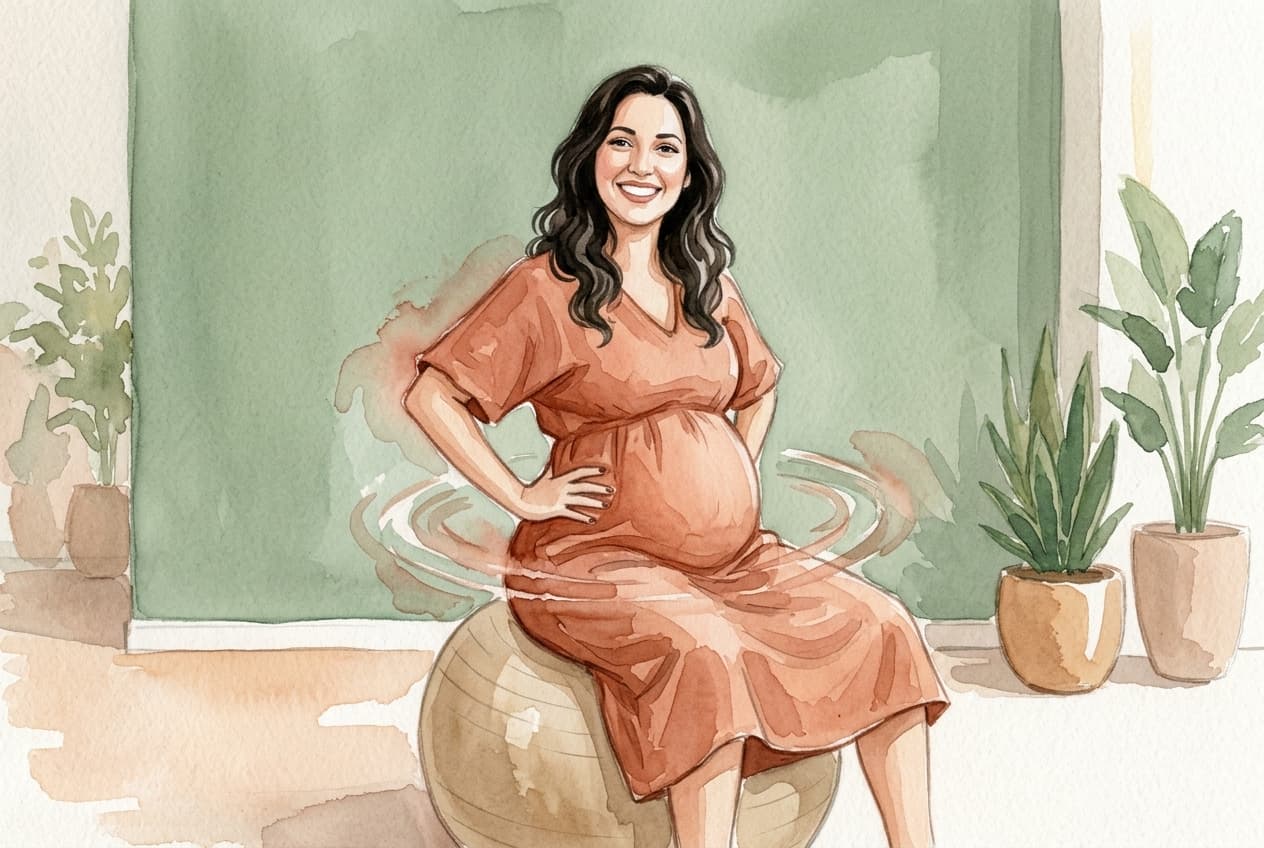 Mulher grávida fazendo movimentos circulares na bola suíça, em aquarela