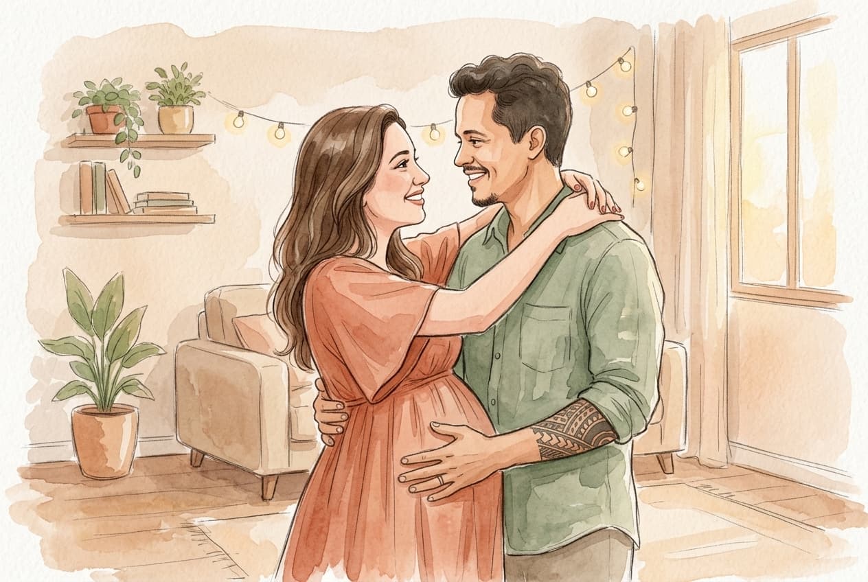 Mulher grávida e seu parceiro dançando juntos afetuosamente, estilo aquarela