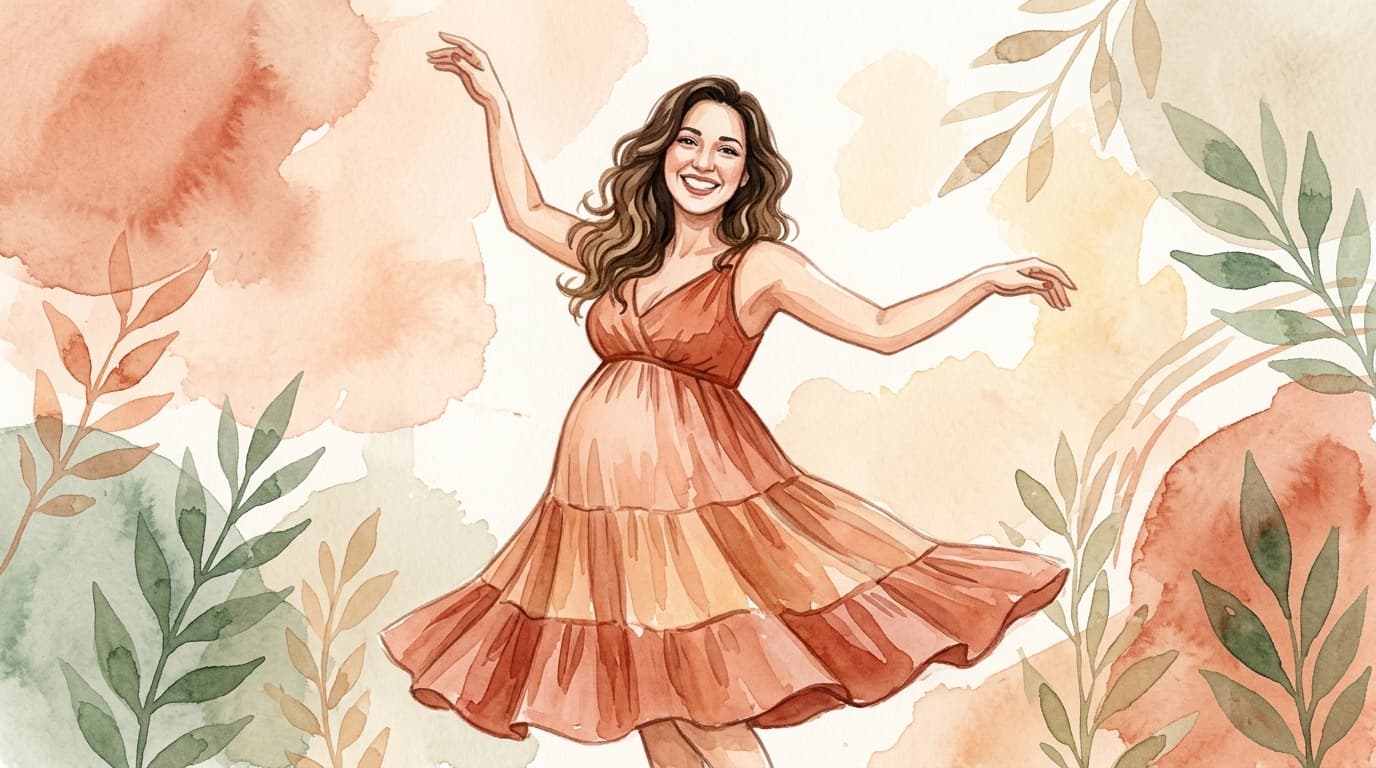 Mulher grávida dançando de forma livre e feliz, mexendo a pelve em aquarela