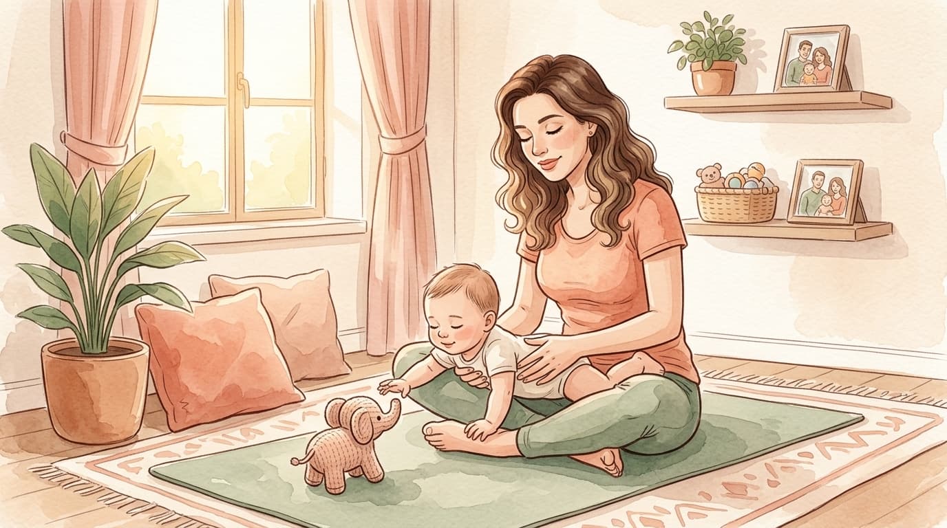 Mãe estimulando o desenvolvimento motor do bebê durante Tummy Time no chão de casa