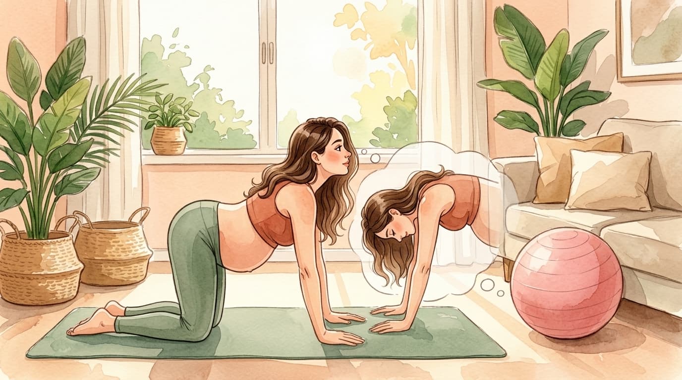 Gestante fazendo o exercício gato-vaca no tapete de yoga para alívio da dor lombar