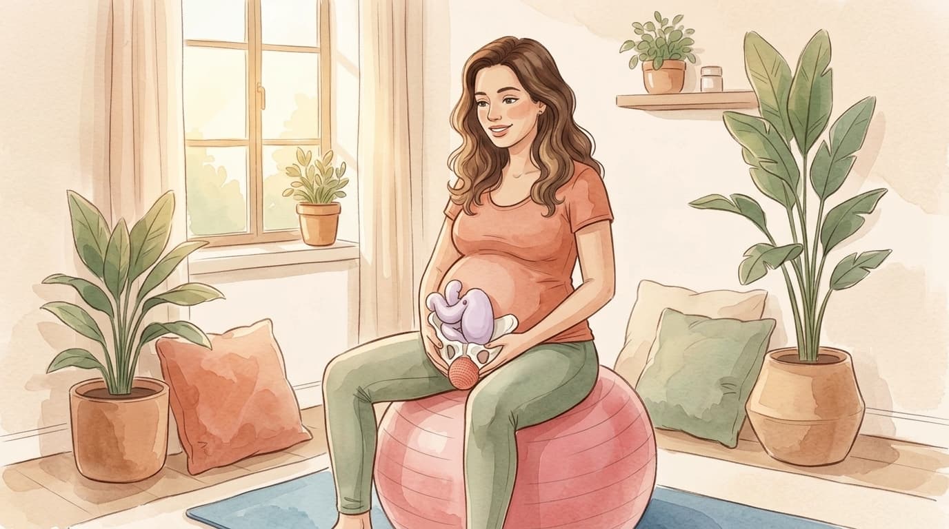 Gestante praticando Pilates sentada na bola suíça em casa