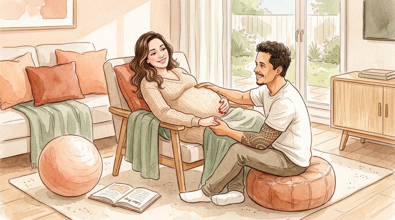 Casal aguardando a chegada do bebê em ambiente tranquilo, com tons de aquarela pêssego e terracota