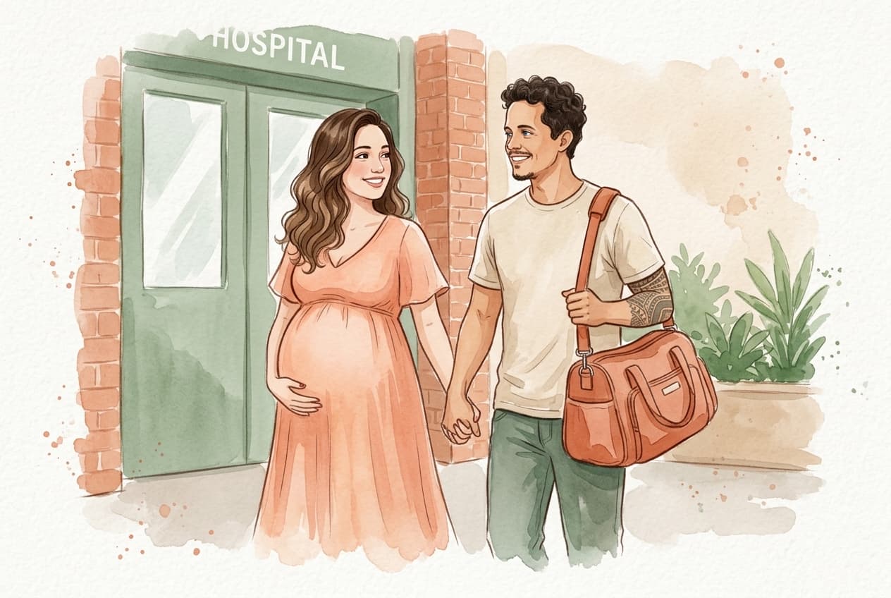 Casal caminhando juntos rumo à maternidade, parceiro segurando a mala de maternidade