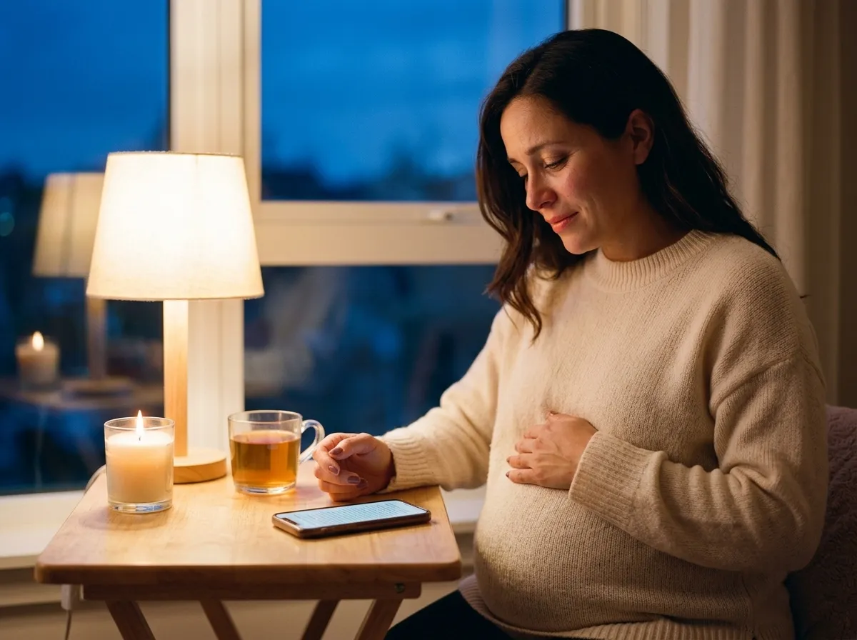 Gestante à noite, com a mão na barriga, lendo em voz baixa uma carta para o bebê no celular, ao lado de uma vela e uma xícara de chá