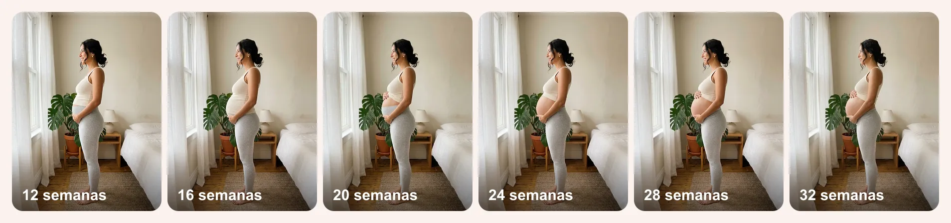 Sequência de seis fotos da mesma gestante de perfil, no mesmo quarto, nas semanas 12, 16, 20, 24, 28 e 32 de gestação