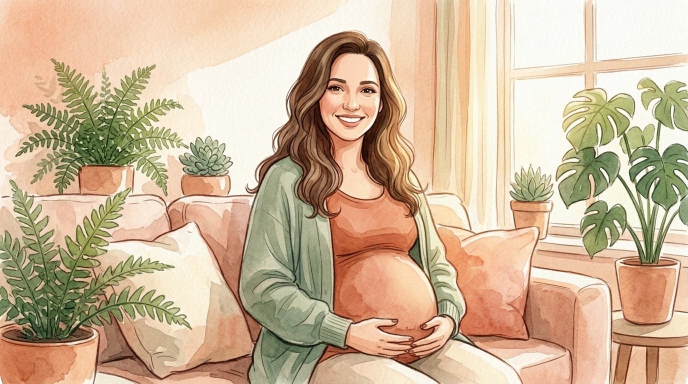 Priscilla Valadares acariciando a barriga com carinho em ambiente acolhedor — ilustração em aquarela