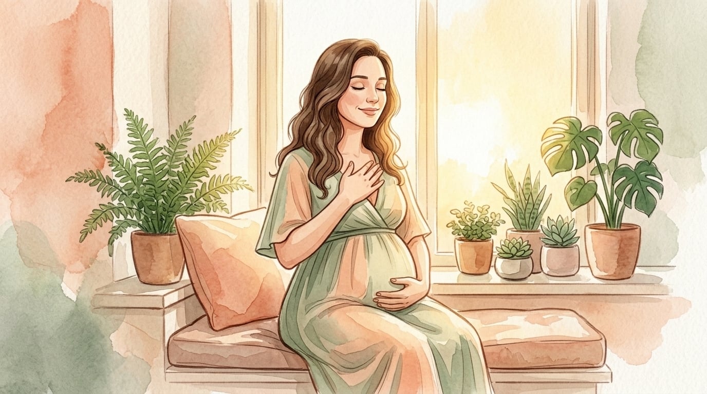 Priscilla Valadares em meditação acolhendo a criança interior na gestação — ilustração em aquarela
