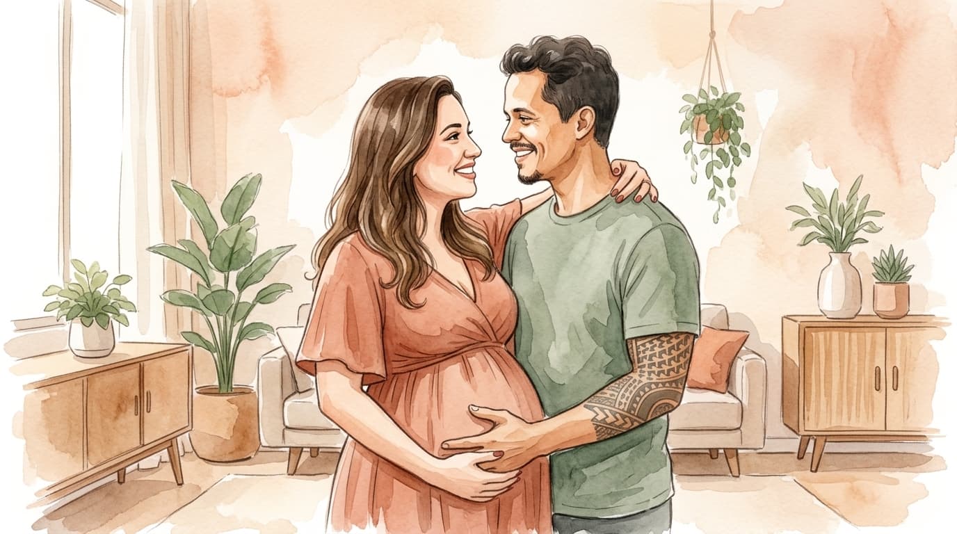 Casal abraçado em um ambiente calmo durante a gestação