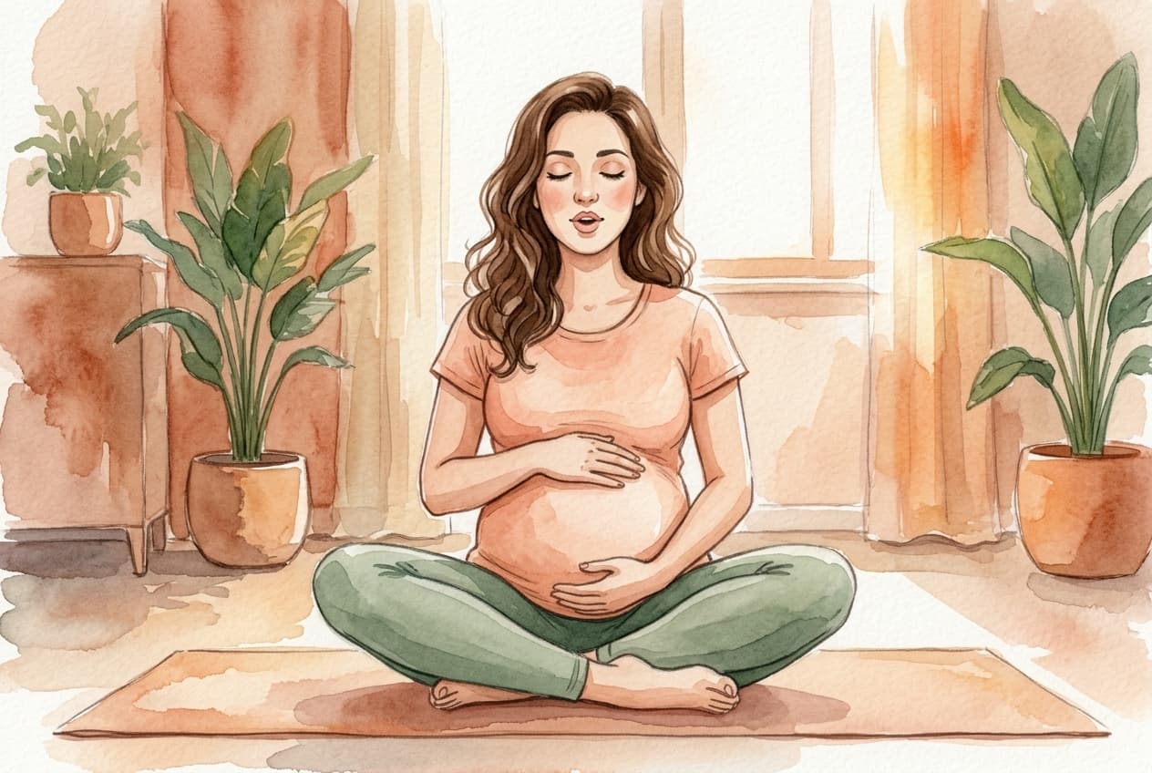 Mulher grávida praticando técnica de respiração relaxante