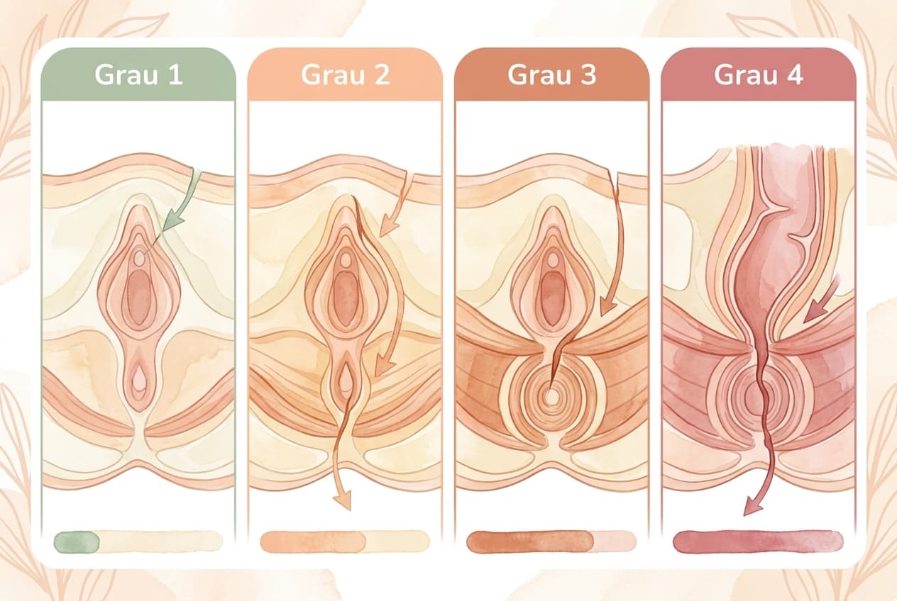 Infográfico educacional mostrando os quatro graus de laceração perineal de forma simplificada e não gráfica
