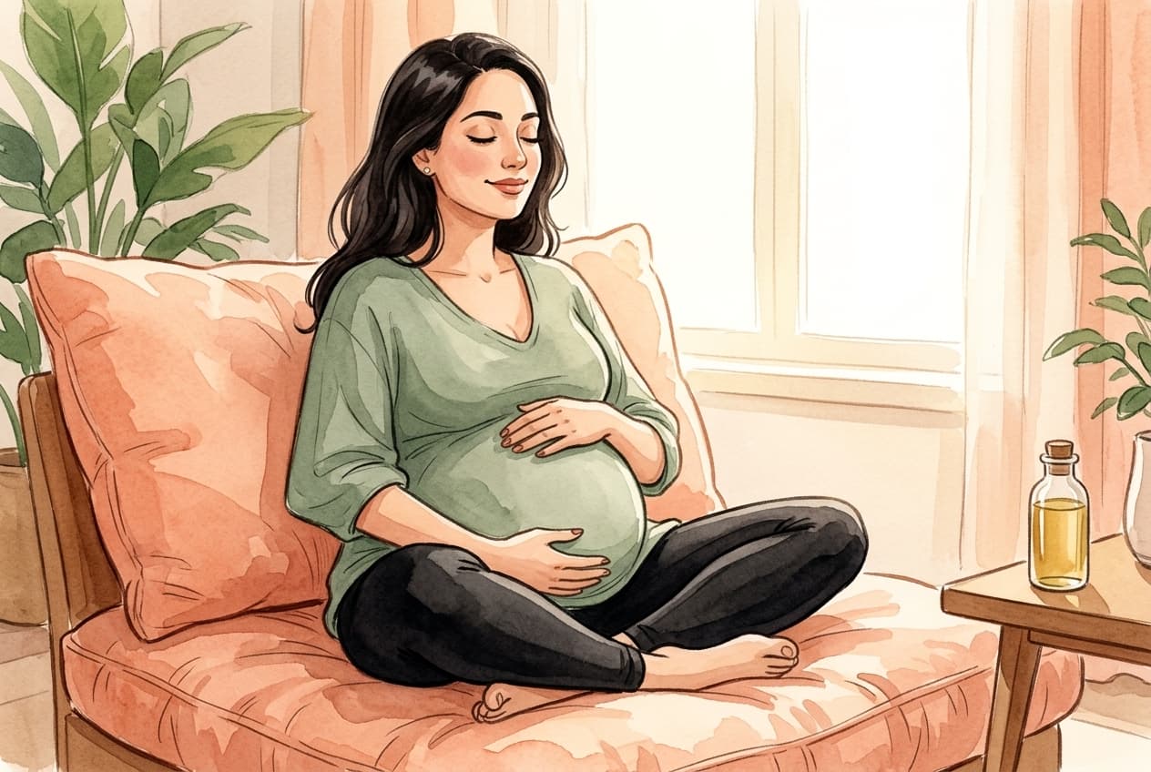Gestante sentada confortavelmente em almofadas com um frasco de óleo vegetal ao lado, em ambiente sereno e acolhedor