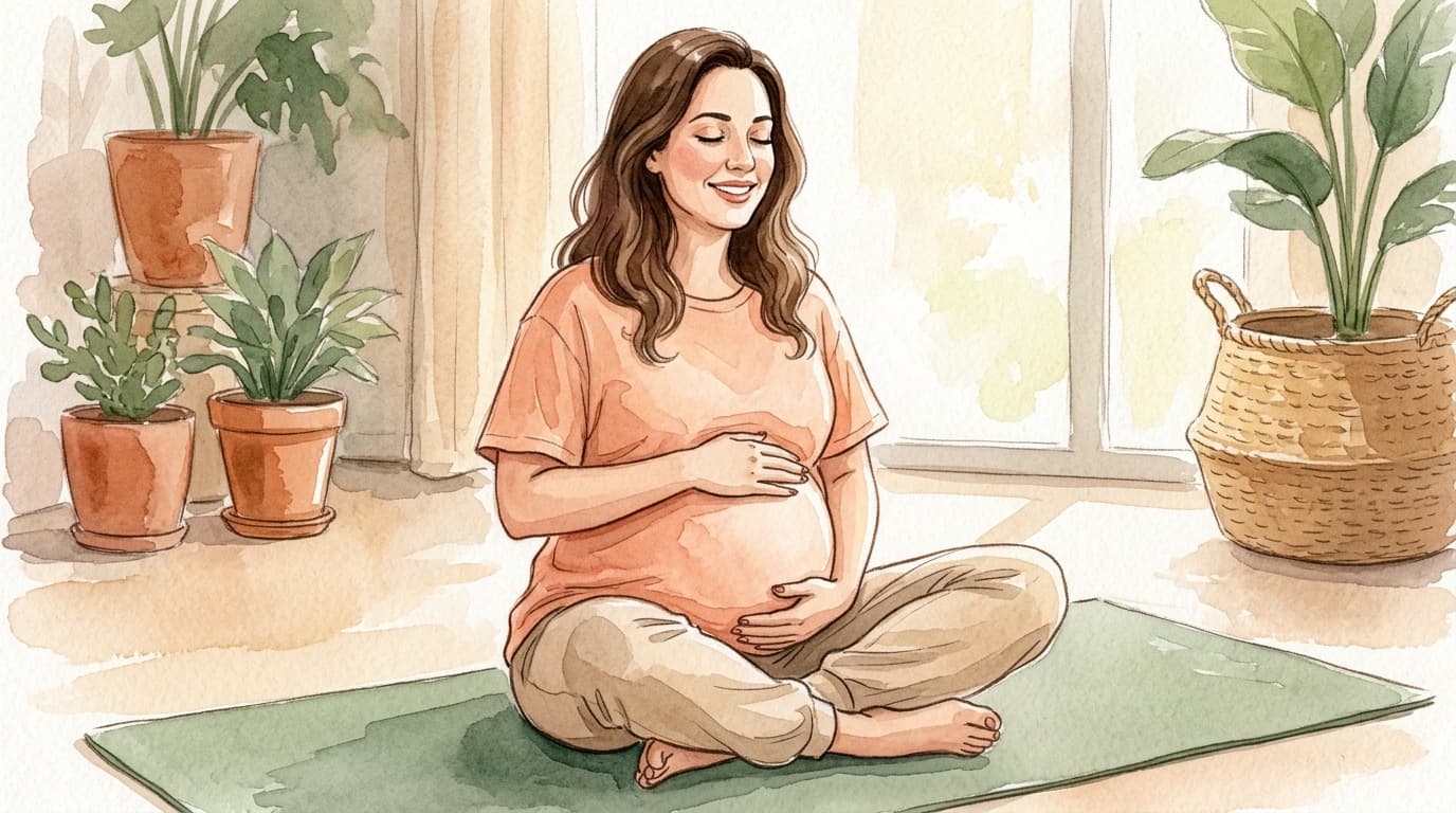 Ilustração em aquarela de gestante relaxando e se preparando para o parto