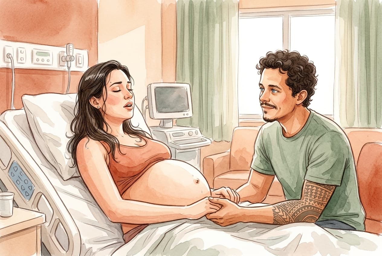Acompanhante de parto oferecendo água e segurando a mão da parturiente no quarto de parto, compartilhando um olhar de amor e cumplicidade