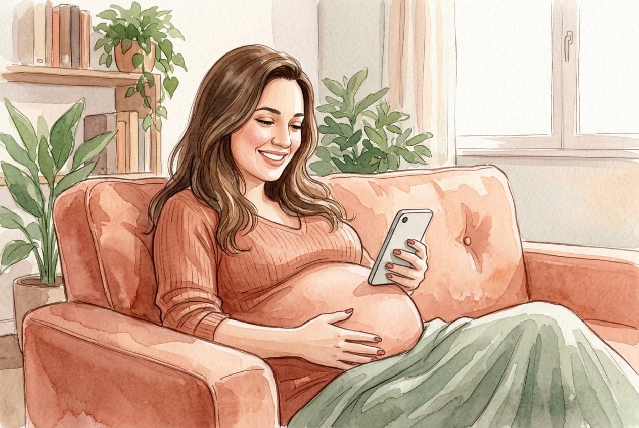 Gestante confortavelmente sentada no sofá cronometrando as contrações com o celular, em ambiente acolhedor