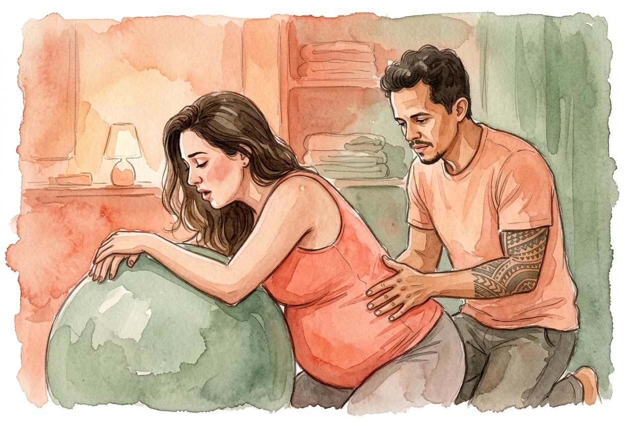 Gestante em trabalho de parto apoiada na bola de parto enquanto o parceiro faz massagem nas costas, em ambiente íntimo e acolhedor