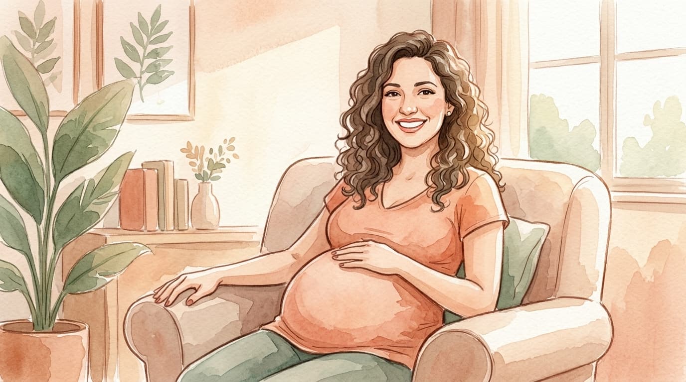 Gestante tranquila em casa, sentada confortavelmente em uma poltrona se preparando mentalmente e fisicamente para a massagem perineal e o parto.