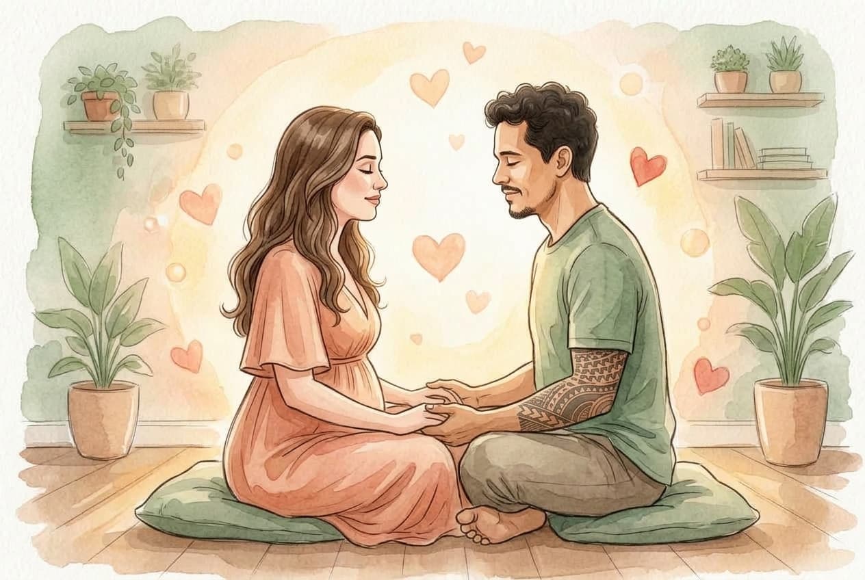 Casal grávido meditando juntos sentados frente a frente com as mãos unidas, envolvidos por luz dourada e corações flutuantes
