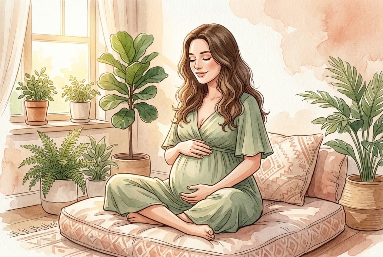 Gestante meditando serenamente sentada em almofada com as mãos na barriga, em ambiente acolhedor com luz dourada natural