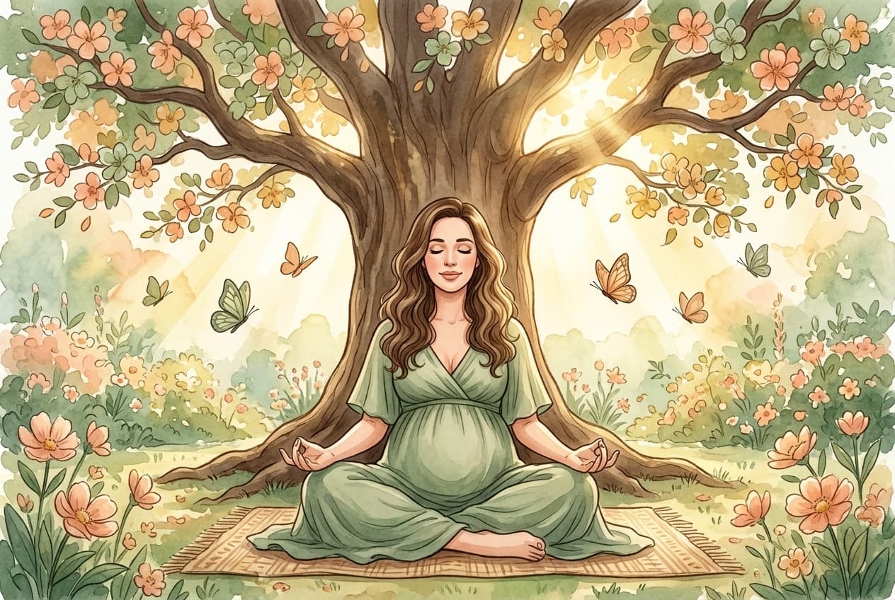 Gestante meditando em contato com a natureza, sentada sob uma árvore em jardim florido, com borboletas e luz suave ao redor