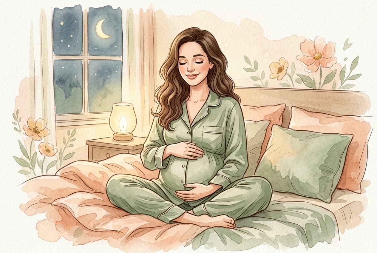 Gestante praticando meditação noturna antes de dormir, sentada na cama com luz suave, lua e estrelas pela janela