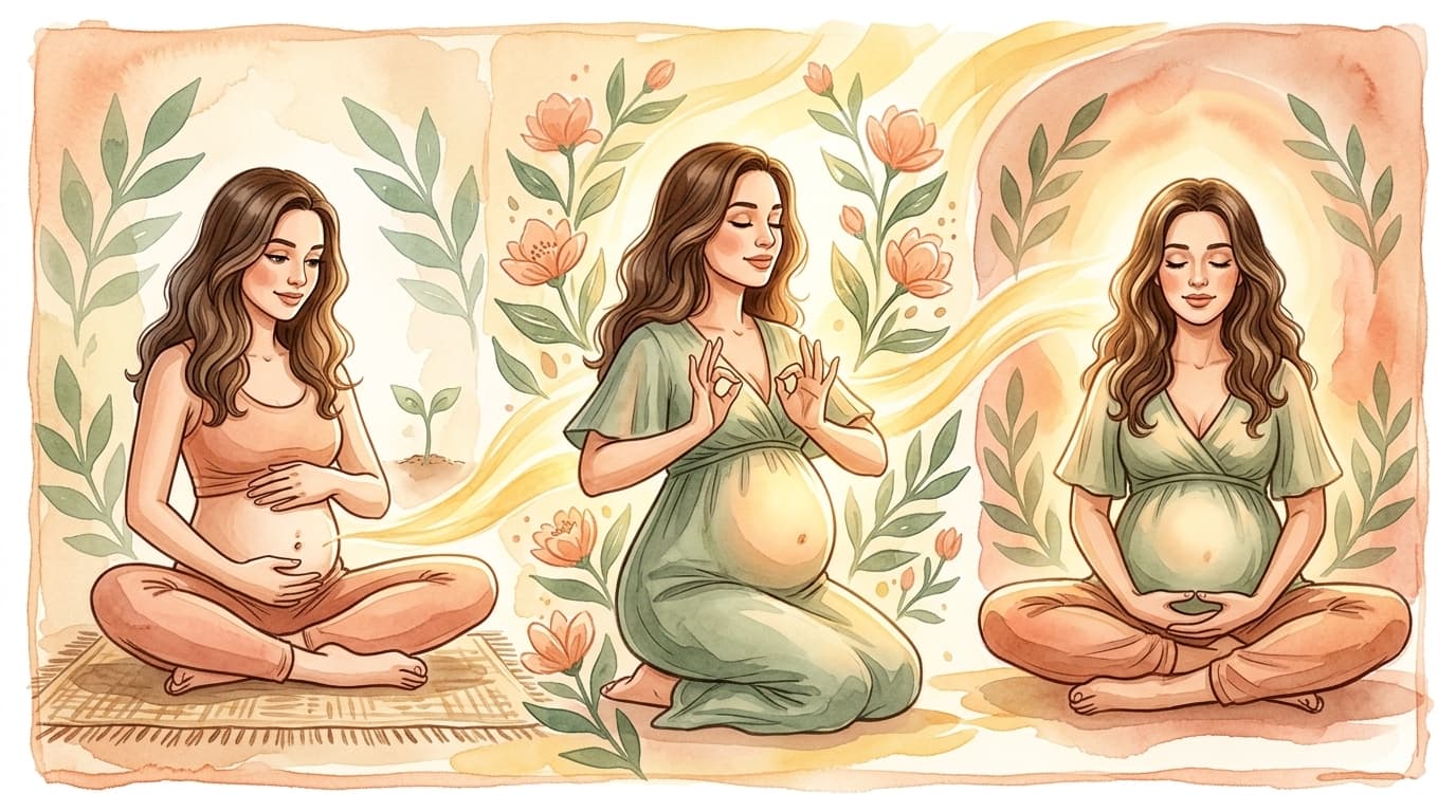 Ilustração em aquarela mostrando a evolução da meditação em cada trimestre da gravidez: primeiro trimestre com barriga pequena, segundo trimestre em meditação sentada e terceiro trimestre em visualização profunda