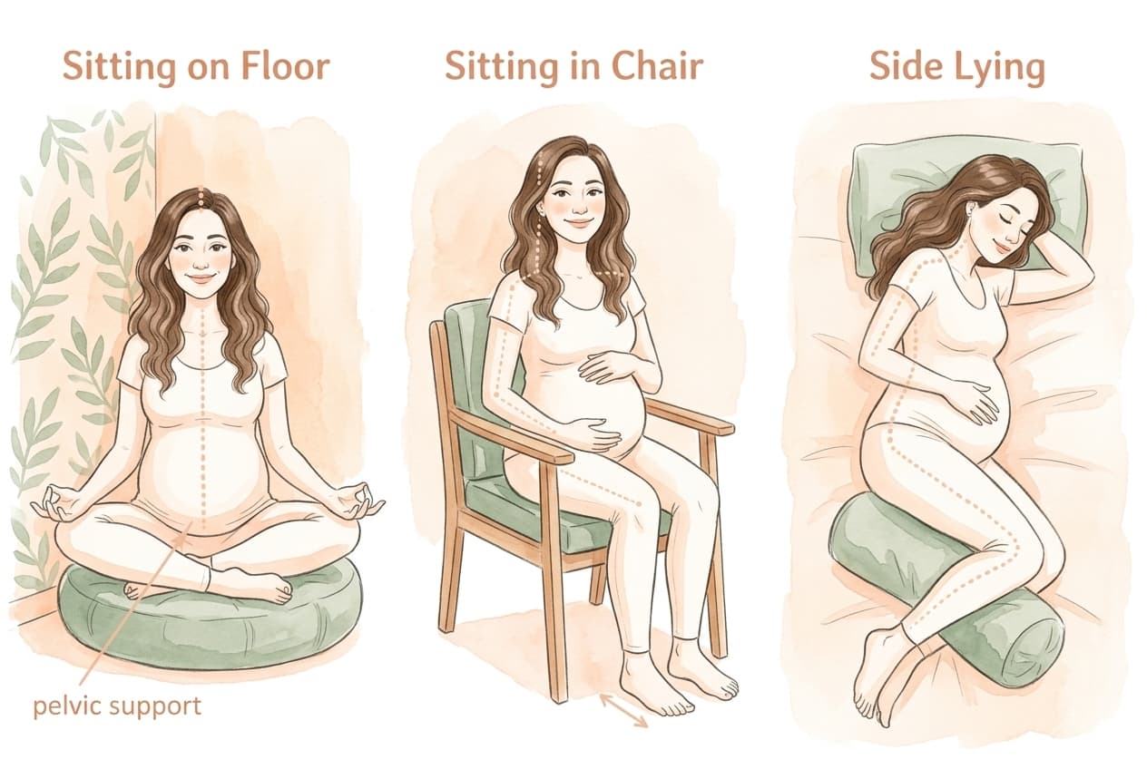 Ilustração educativa mostrando três posições seguras para meditação na gravidez: sentada com almofada, sentada na cadeira e deitada de lado com travesseiro entre os joelhos
