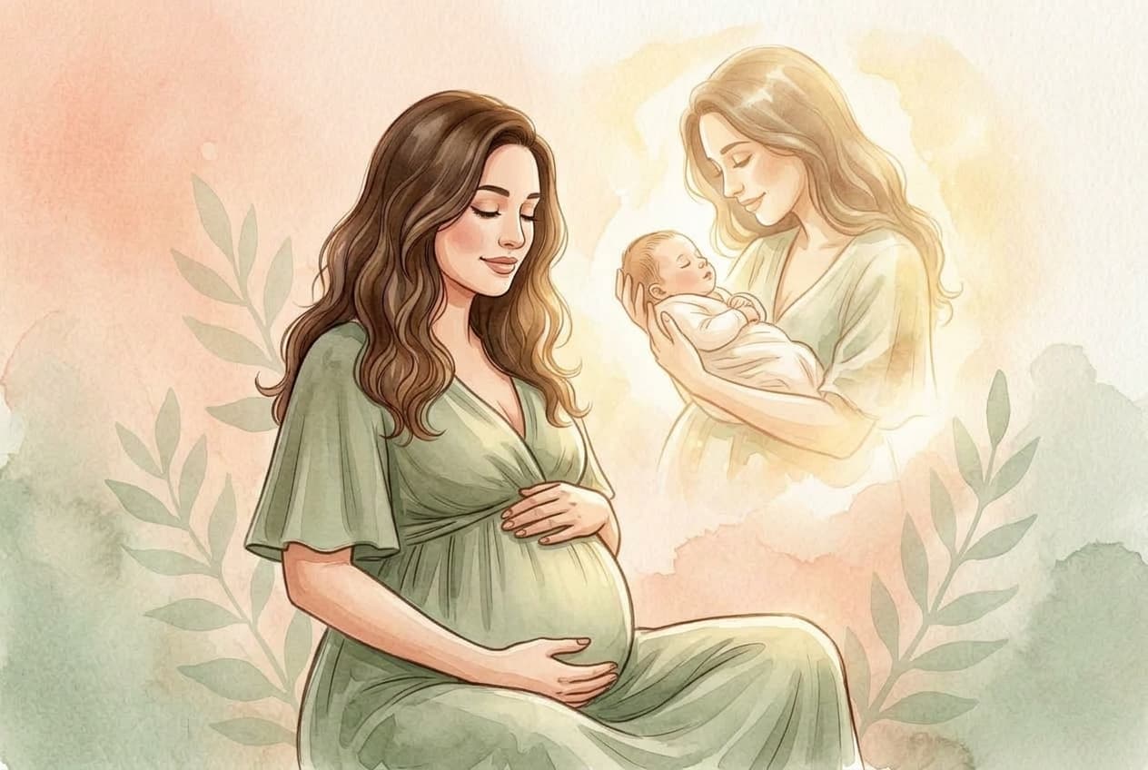 Gestante visualizando o momento do encontro com o bebê, com uma imagem translúcida dela segurando o recém-nascido flutuando acima, conectadas por luz dourada