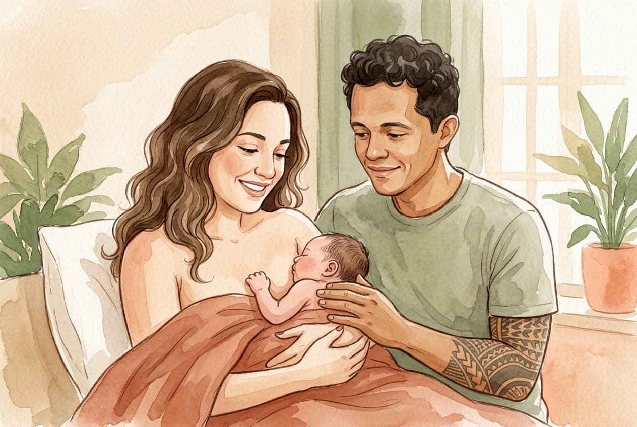Casal recebendo o recém-nascido em contato pele a pele imediato logo após o parto