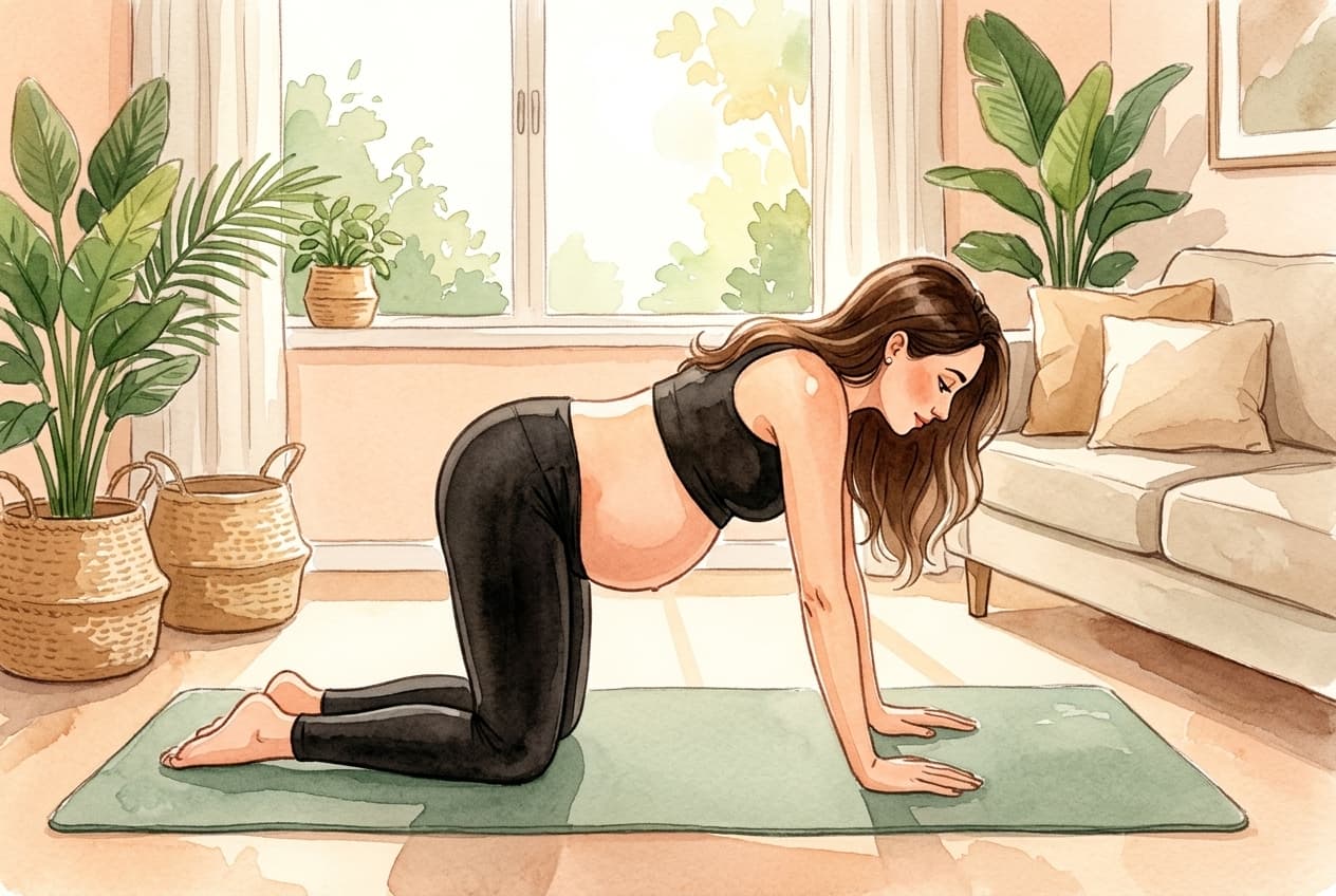 Mulher grávida fazendo exercício gato-vaca no tapete de yoga