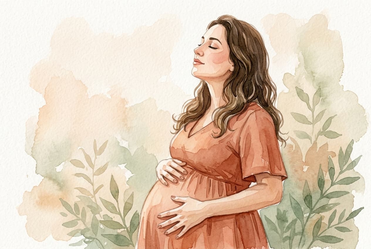 Gestante com os olhos fechados focada em sua respiração, com as mãos repousando sobre a barriga