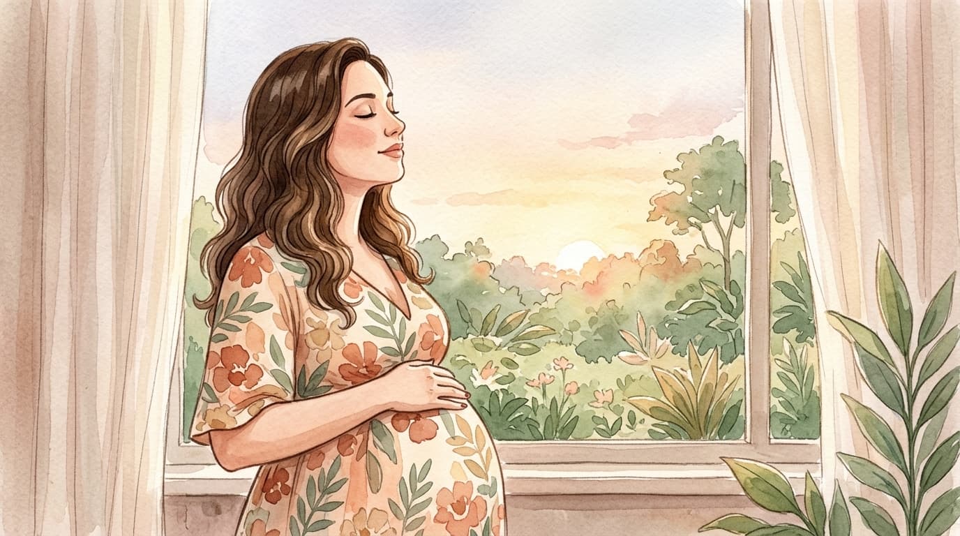 Mulher grávida respirando calmamente em um ambiente sereno com a luz do sol entrando pela janela
