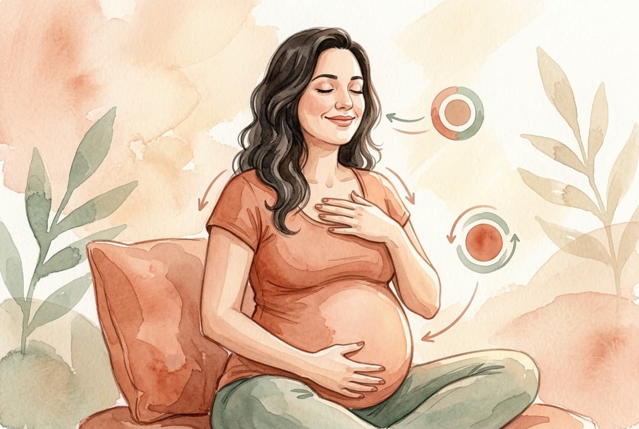 Ilustração mostrando o movimento de relaxamento do diafragma e dos ombros durante a respiração na gestação