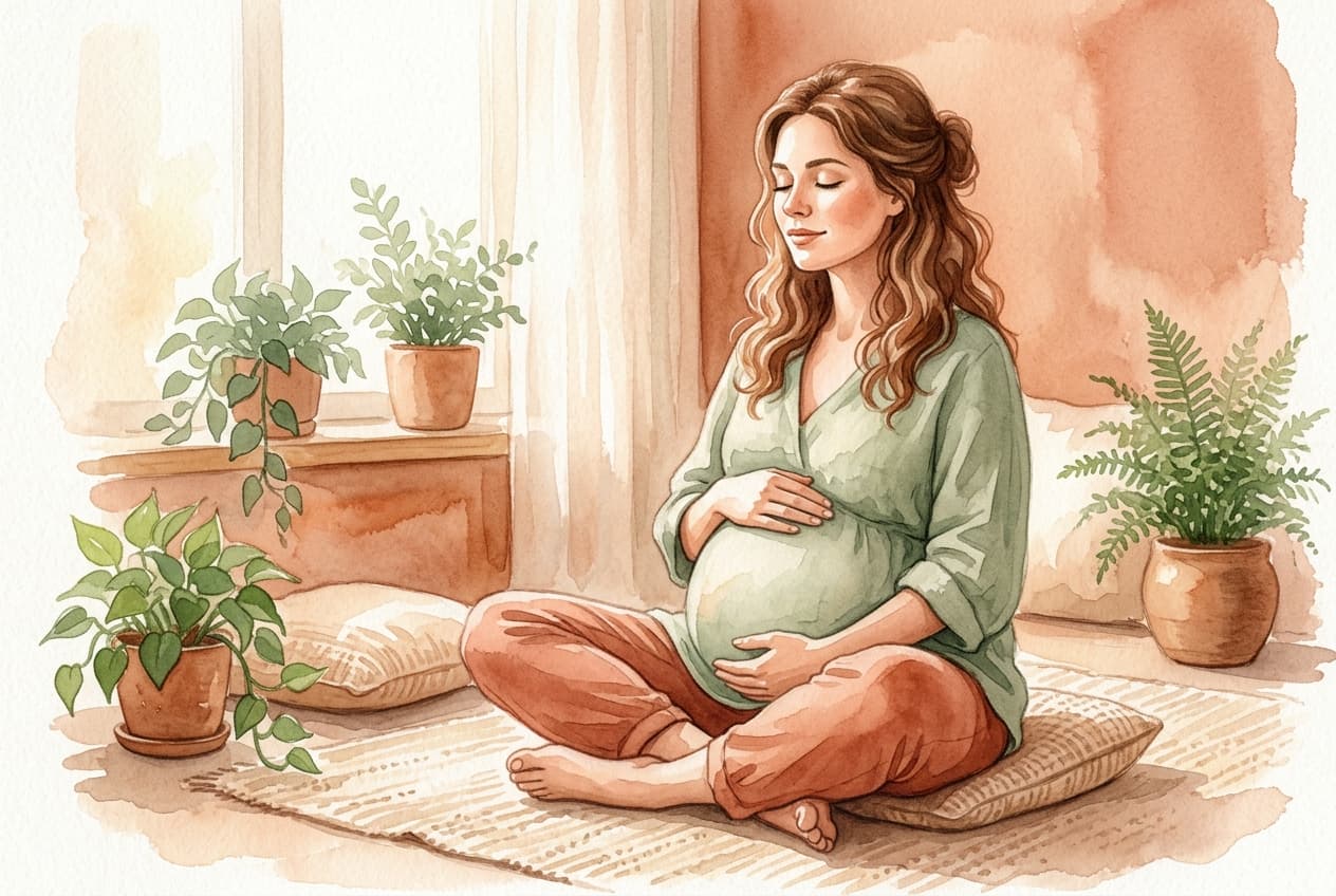 Mulher grávida meditando serenamente com as mãos na barriga