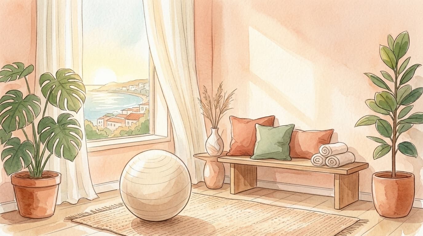 Espaço acolhedor e iluminado do consultório de fisioterapia pélvica em Salvador com bola suíça e plantas — ilustração em aquarela