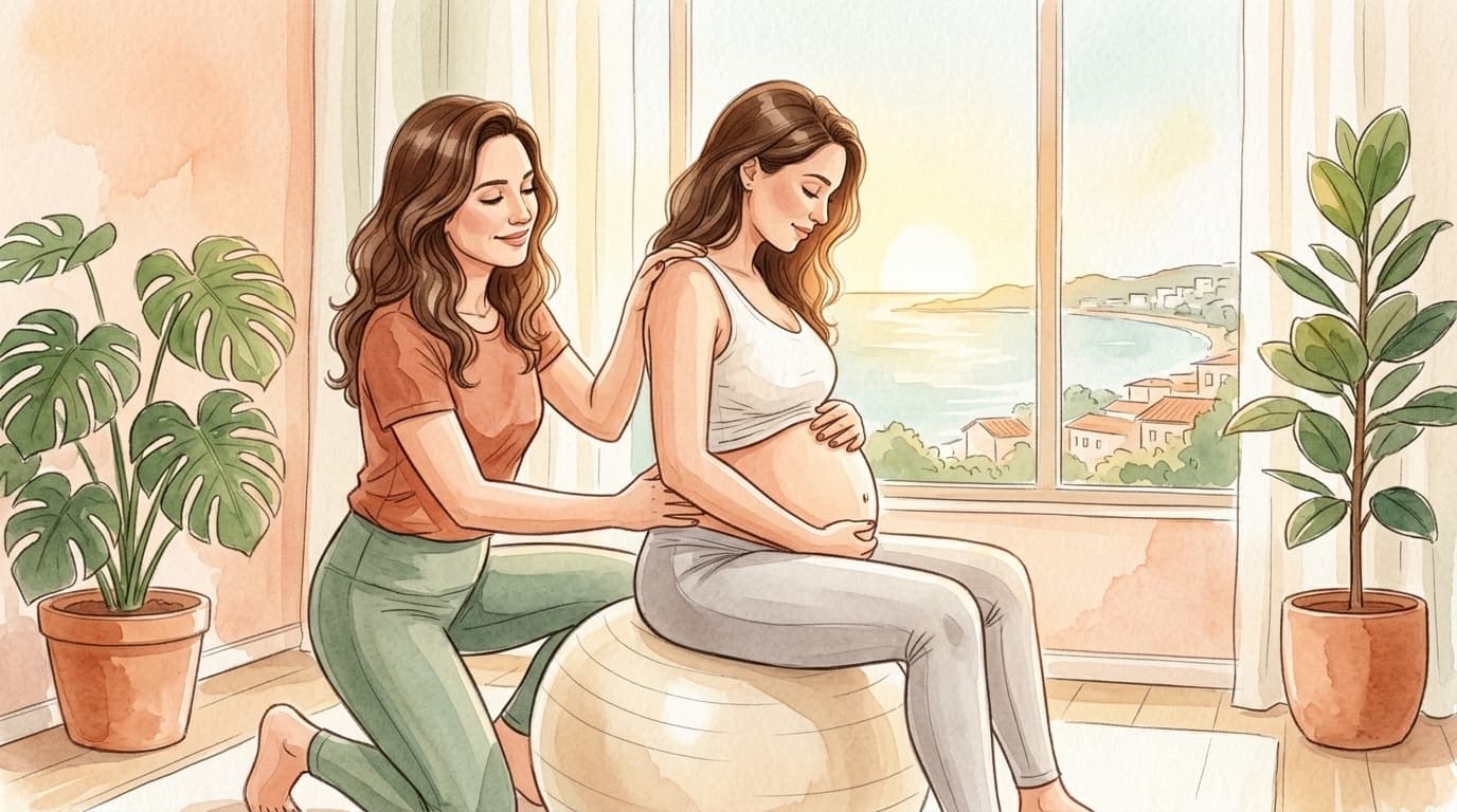 Priscilla Valadares orientando gestante na bola suíça em consultório iluminado de Salvador — ilustração em aquarela