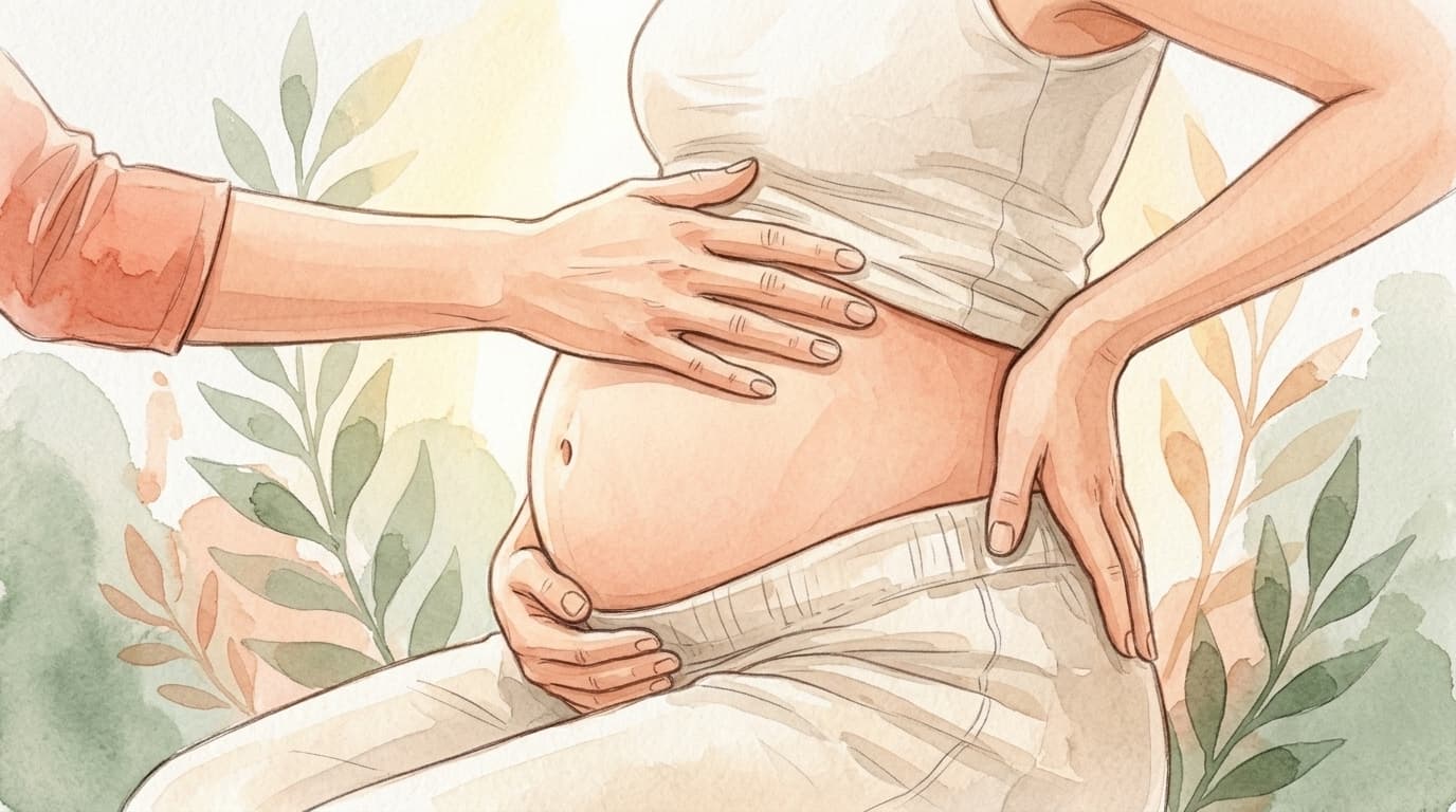 Mãos acolhedoras da fisioterapeuta guiando respiração diafragmática e alívio postural em gestante — aquarela editorial